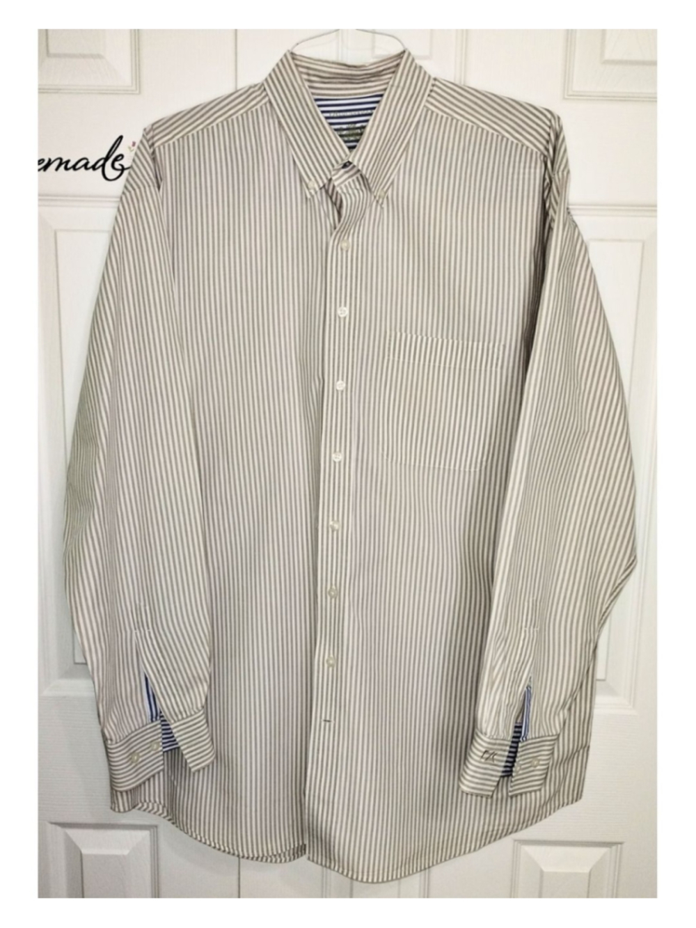 Cutter and Buck Beige and White Striped Casual Button Down Oxford Shirt